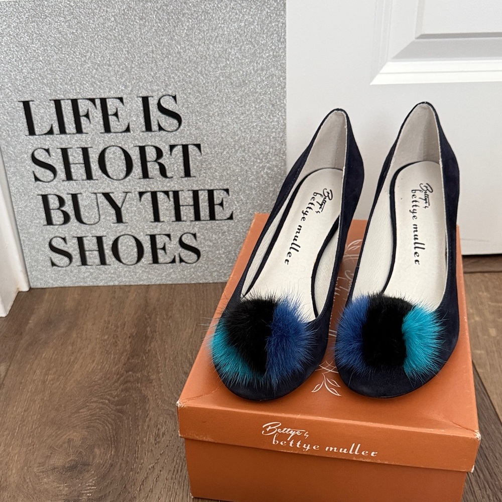 bettye muller Navy Blue Flats with Teal & Black Pom Poms